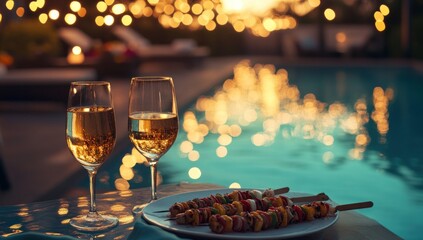 Romantic Poolside Dinner: Two Glasses of Wine and Grilled Skewers
