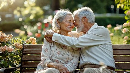 A senior couple enjoying a tranquil moment in a lush garden - Powered by Adobe
