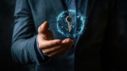 Key unlock Business man on grey suit holding and managed his cybersecurity and privacy to protect data by key icon holographic technology. protecting personal data on virtual interfaces.