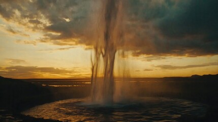 Iceland waterfall sunset dramatic clouds