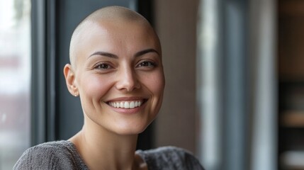 Happy woman with alopecia due to cancer, confidently looking at the camera, radiating positivity, strength, and self-confidence, embracing her unique beauty and empowering others through her journey