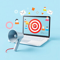 Laptop Displaying Target with Bullseye with Megaphone on Pastel Blue Background