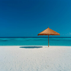 Tropical Beach Scene with Thatch Umbrella