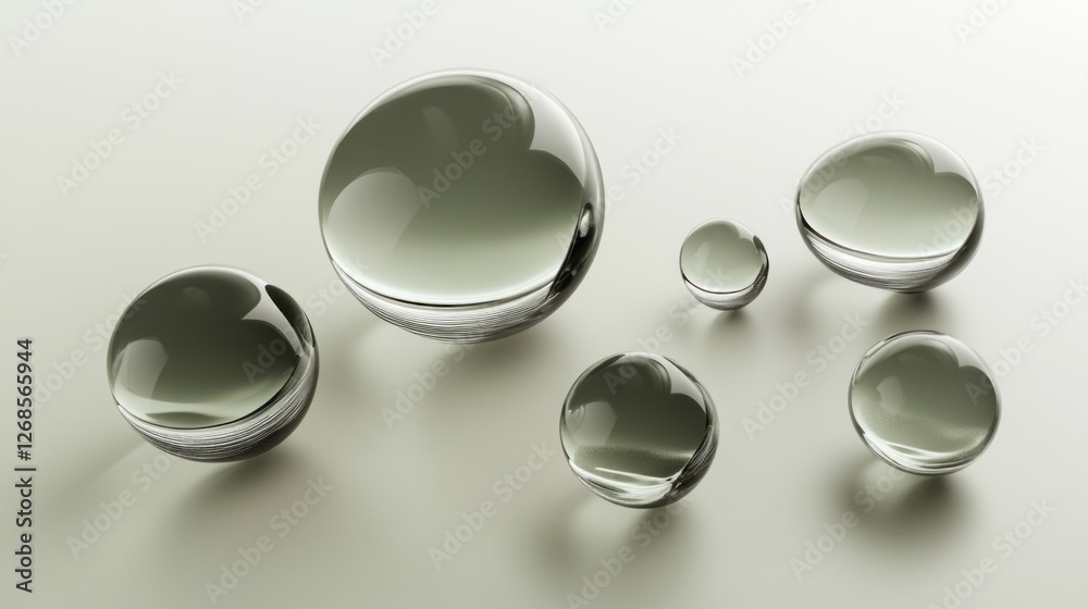 Aufkleber Nestled on a pristine surface, water droplets coalesce in varied sizes, each capturing and reflecting light, creating an artistic and tranquil atmosphere