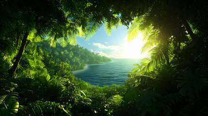 Tropical Beach Sunset View Through Lush Green Foliage