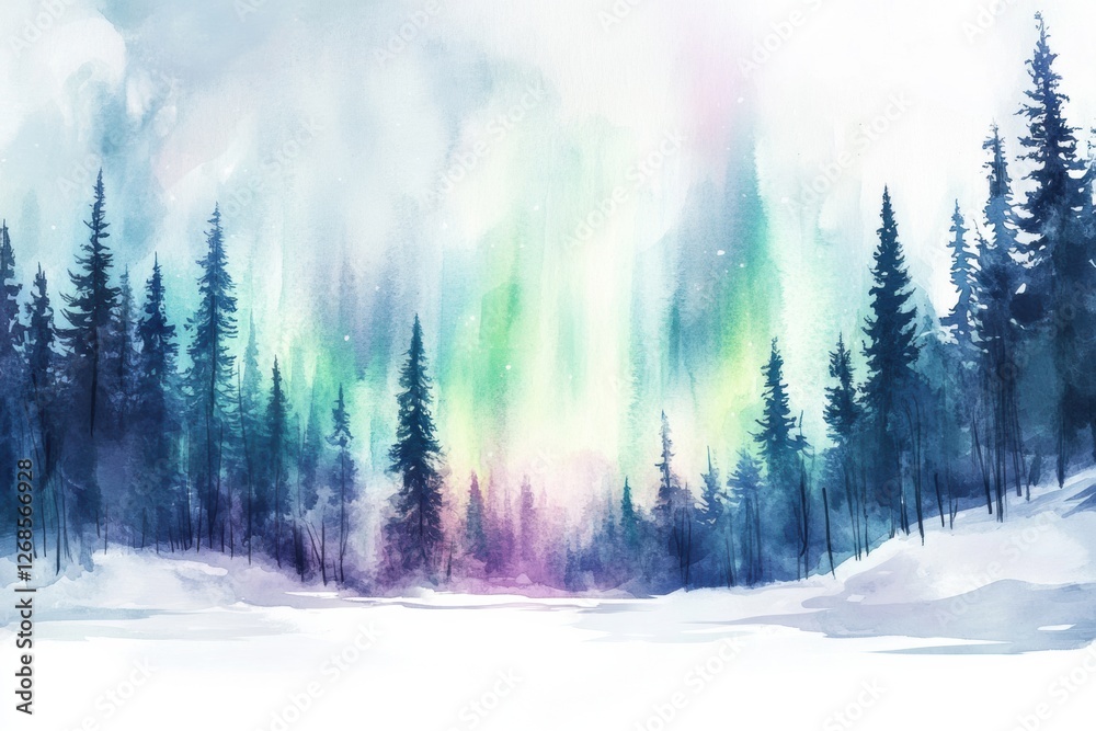 Poster Northern lights illuminate a winter landscape with snow covered trees in a serene natural setting at dawn. Generative AI
