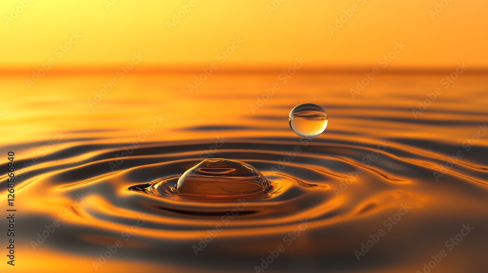 Poster as the sun dips below the horizon, delicate water droplets create ripples on a smooth surface, captu
