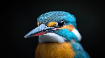 Fototapeta premium Extreme close-up portrait of a colorful common kingfisher bird against a dark background.