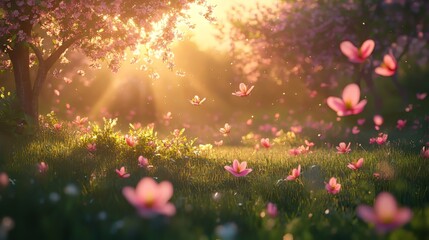 A tranquil scene of blooming flowers in a sunlit garden.