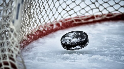 An ice hockey puck striking the net as it scores a goal