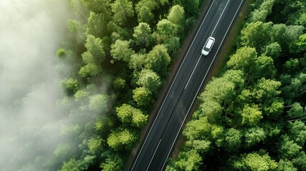 Aerial view of a car driving on a highway road through a lush green forest, showcasing a natural landscape with trees and clouds under cinematic lighting. High-resolution and hyper-realistic details.