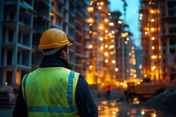 Construction worker wearing safety vest and helmet looking at illuminated building site at dusk