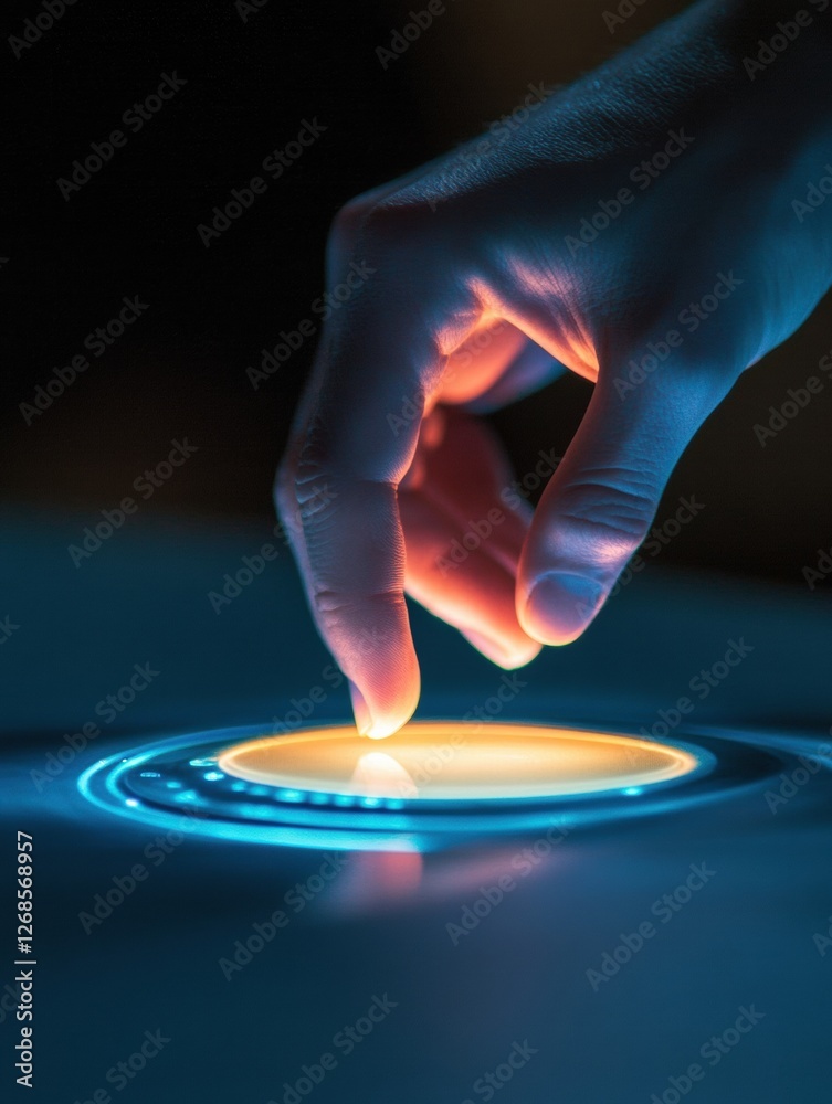 Aufkleber Robotic hand interacting with a vibrant virtual button in a high tech environment. Generative AI