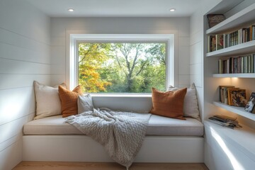 Cozy reading nook overlooking autumn trees invites relaxation and contemplation