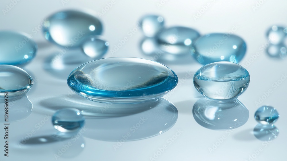 Poster Delicate water droplets rest gracefully on a polished surface, showcasing their translucent forms while interacting with light. The overall effect is mesmerizing and tranquil