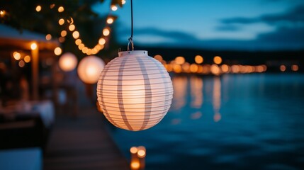 Fototapeta premium Warm light illuminates elegant paper lanterns gently hanging near calm water at dusk. AI Generated