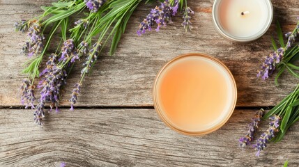 Relaxing Lavender Candle and Calming Aromatic Oil Set Beautifully Presented on Rustic Weathered Wood