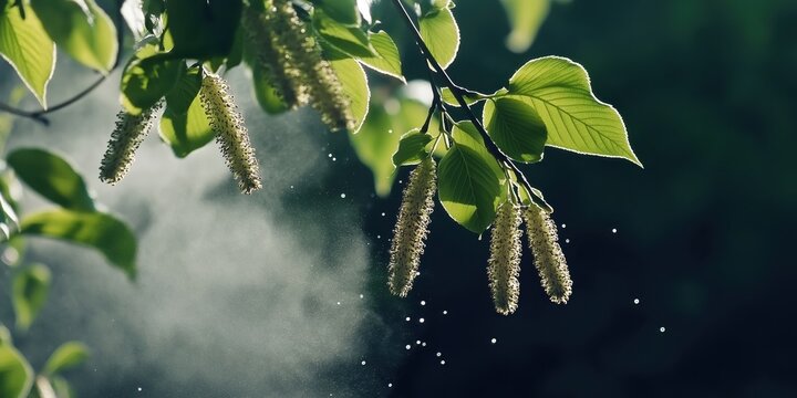 A tree branch with pollen particles floating in the air, causing seasonal allergies