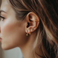 Elegant ear piercings with gold and diamond jewelry close-up
