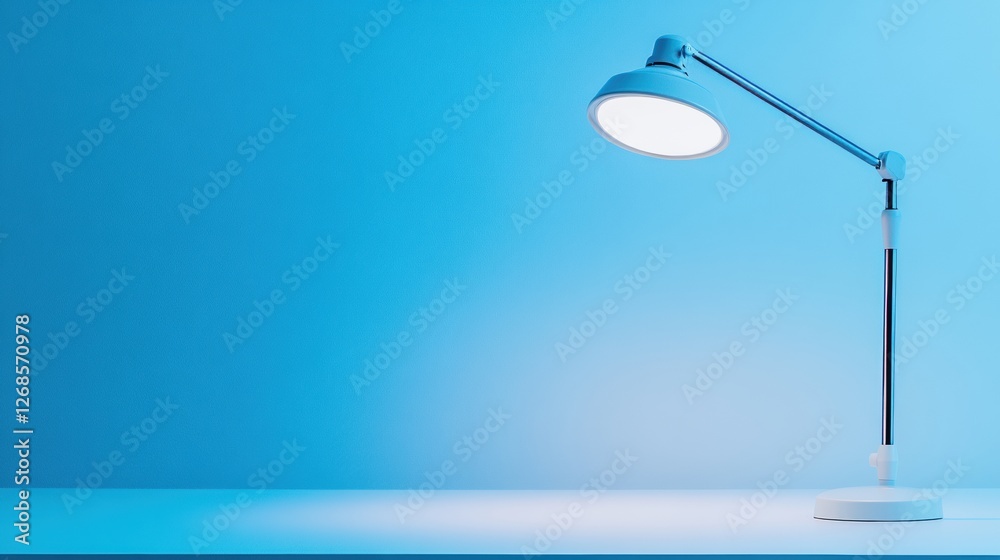 Aufkleber Desk lamp emitting soft blue light on a minimalist table in a contemporary workspace setting. Generative AI
