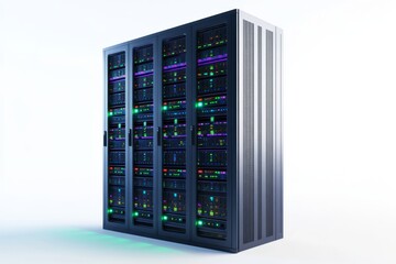 Data center server rack, active lights, white background, network infrastructure