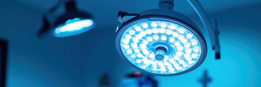 Bright surgical lighting illuminating a medical room during a procedure with tools and equipment in the background. Generative AI