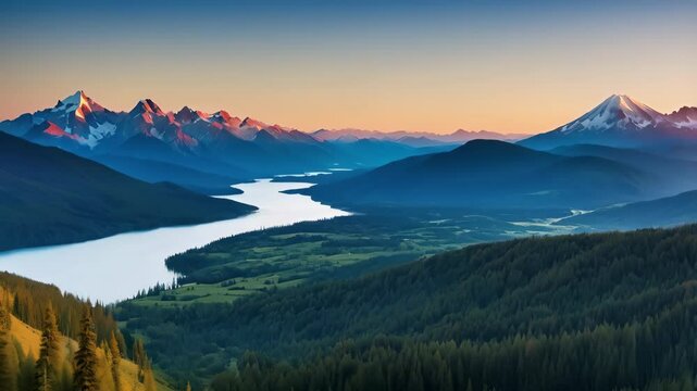 A view from the top of a mountain, with a lake in the fore and mountains in the background