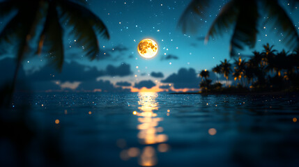 Fototapeta premium Tropical Night Beach Scene with Full Moon and Palm Trees