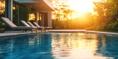 Fototapeta premium Sunset Serenity: Luxurious Poolside Relaxation at Golden Hour