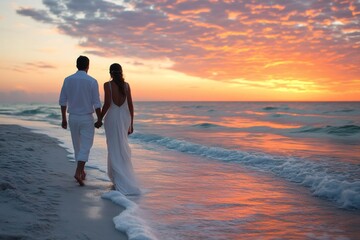 Fototapeta premium Romantic Couple Walking on Sunset Beach Shore