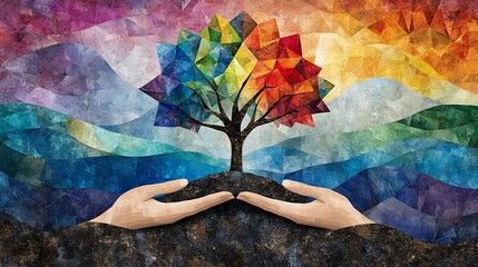 Vibrant rainbow tree lovingly cradled gently in hands against a softly painted mountain range. AI Generated