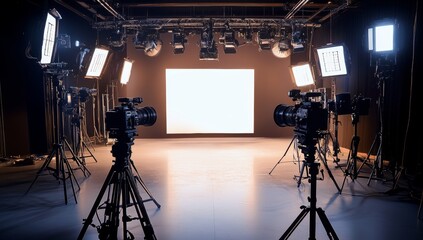 Studio cameras filming blank screen, lights, broadcast