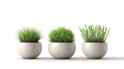 Three potted plants with different types of grass