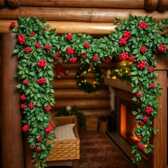 Fototapeta premium festive holly and mistletoe garlands adorn the walls of a cozy cabin, holly, decoration