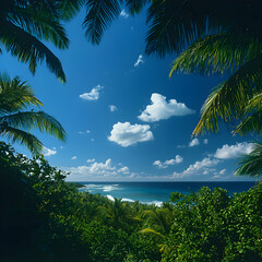 Naklejka premium Tropical Ocean View Through Lush Palm Trees