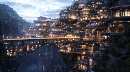 Naklejka premium Breathtaking Multi-Tiered Cityscape at Dusk with Glowing Lights