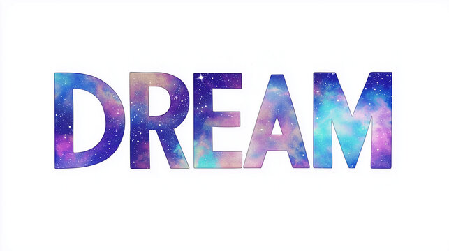 DREAM, 2d text on white background, galaxy theme, watercolor text