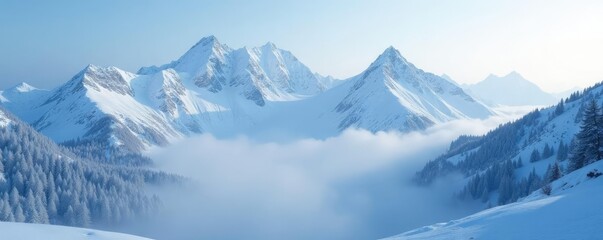 Fototapeta premium Foggy mountain peaks shrouded in snow and ice, solitude, landscape, natural