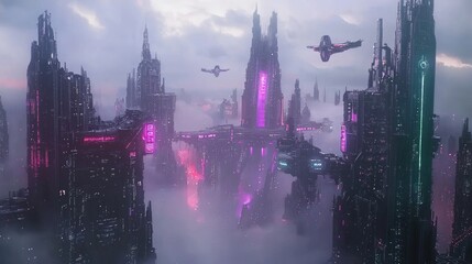 Obraz premium Dark Futuristic Cityscape with Neon Lights and Foggy Atmosphere