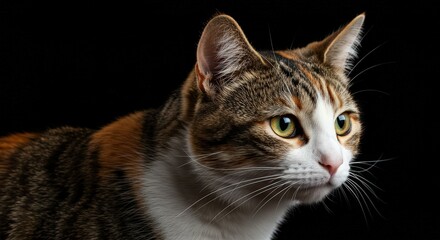 Abstract closeup concept of a Calico Cat with sharply detailed fur and black background