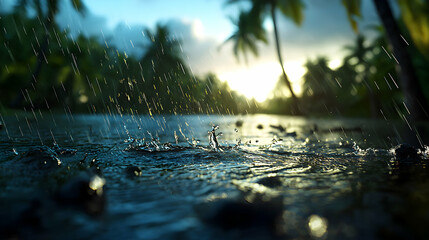 Fototapeta premium Tropical Rain at Sunset: Palm Trees and Water Drops