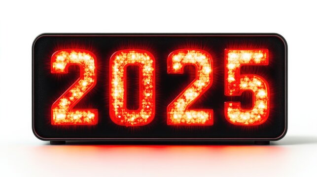 red number 2025 illumination on black digital electronic alarm clock screen isolated on white background, led light sign showing time for new year countdown