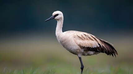 Obraz premium White-naped crane in grassy field, dawn. Wildlife photography for nature websites
