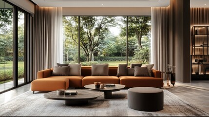 Luxurious living room with a warm brown sofa, elegant decor, and a wide window opening to a tranquil garden view. Modern amenities included.