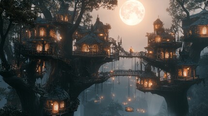 Enchanted Village of Homes Within Magical Trees Under Moonlight