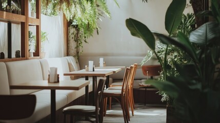 Minimalist cafe with work-friendly seating, clean white and brown aesthetics, and natural greenery. Tranquil and modern. No people. -