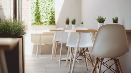 Minimalist cafe with work-friendly seating, clean white and brown aesthetics, and natural greenery. Tranquil and modern. No people. -