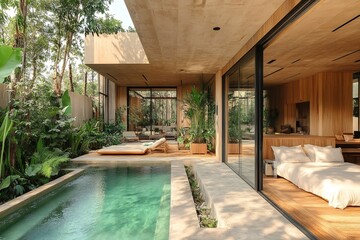 Fototapeta premium Luxurious villa in the jungle with swimming pool and large windows overlooking the tropical forest