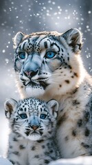 Fototapeta premium Snow leopard and cub looking forward during snowfall