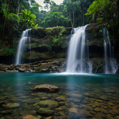 Fototapeta premium Waterfall Cascading into Blue Pool Surrounded by Lush Greenery